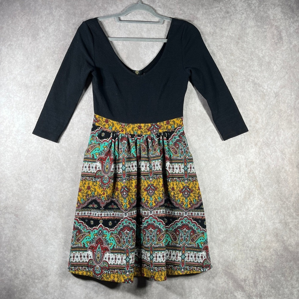 Anthropologie Maeve Arborea Dress Womens 4 Black Floral Mini Fit Flare‎ Boho